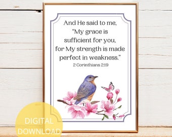 My Grace Is Sufficient For You | 2 Corinthians 12 9 | Grace Bible Verse | Scripture Bird Wall Art | Watercolor Bird And Flower | Gift Idea