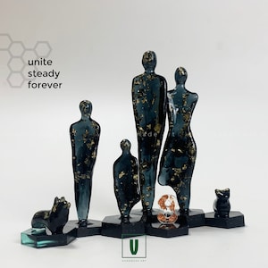 Custom Family Portrait Sculpture Walking Together Figurines, 8th Wedding Anniversary Gifts, Family of 4 with pets Tabletop Decoration