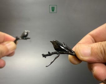 Miniature Black Bird Figurine: Handcrafted Resin Raven on Branch
