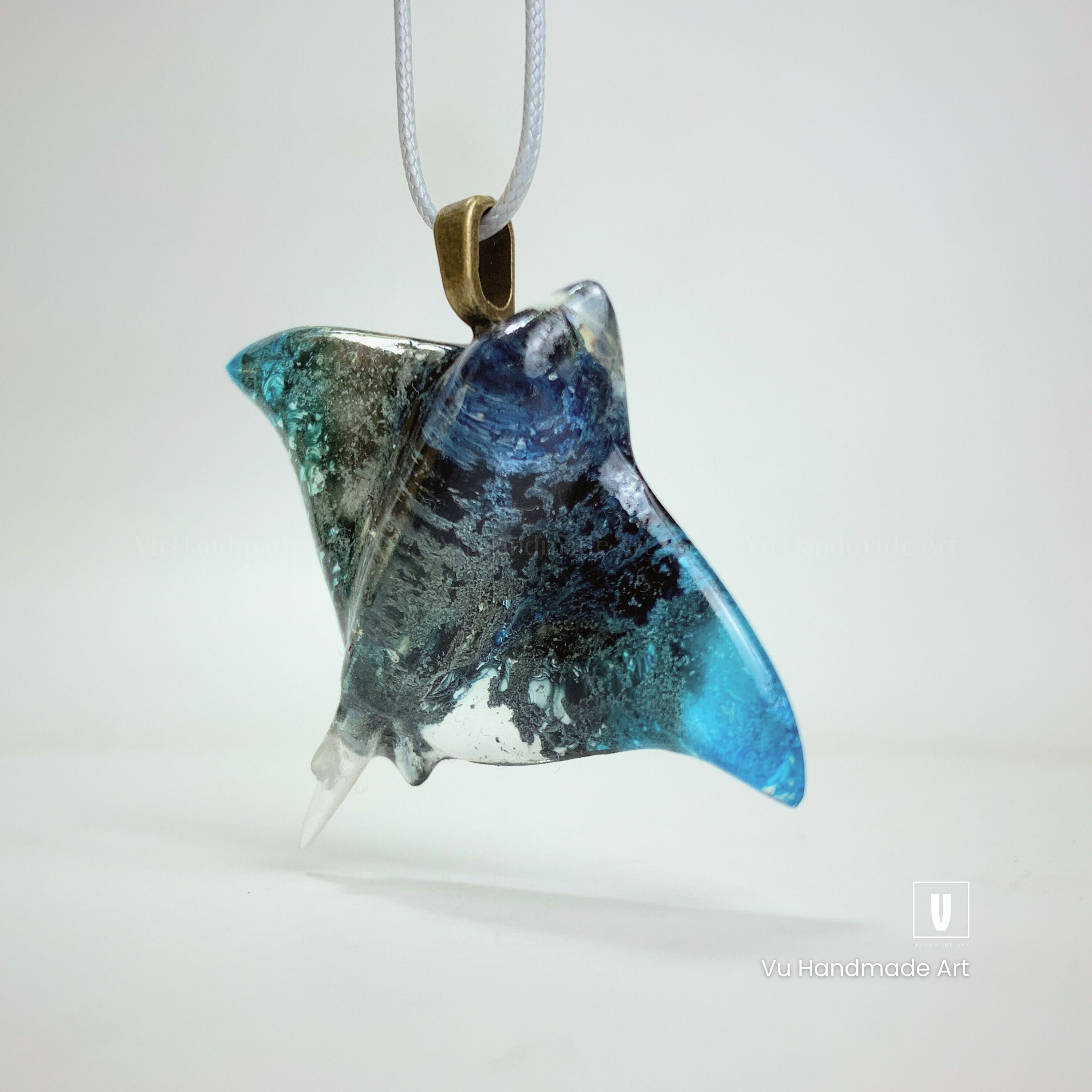 Handmade Blue Manta Ray Glass Pendant Necklace - Blown Art Glass Figurine, Ocean Theme, 18-Inch Rope - View #2