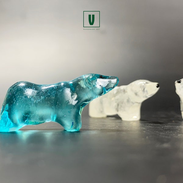 Exquisite Miniature Crystal Clear Polar Bear Sculpture Figurine | An Enchanting Collectible ( White, Sea Blue)