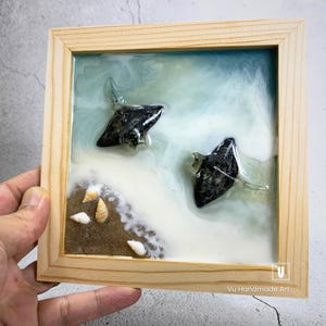 Manta Ray Duo Ocean Resin Frame with Seashells | Coastal Beach Decor | Handmade Epoxy Art