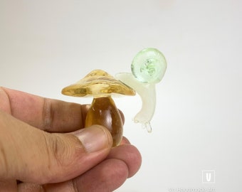 2" Tall Transparent Snail on Mini Mushroom Sculpture Figurine | Handmade Crystal Epoxy Resin Art