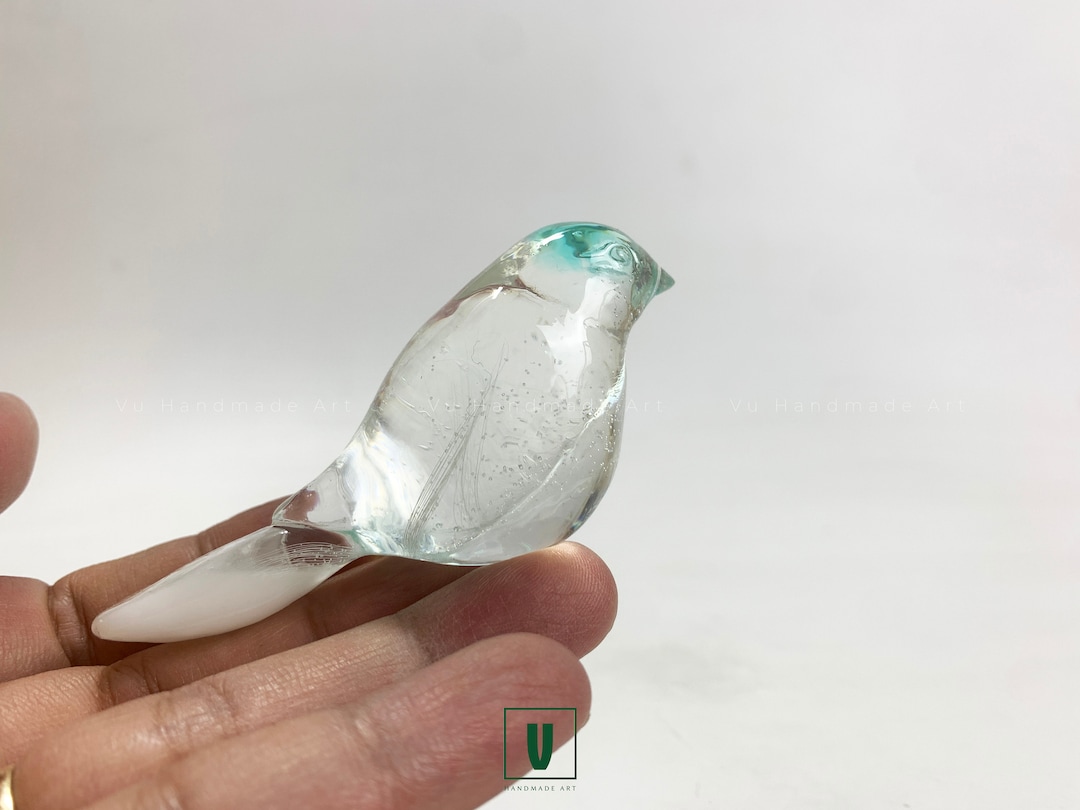 Unique Clear Bird Sculpture Art, Natural White Feather in Epoxy
