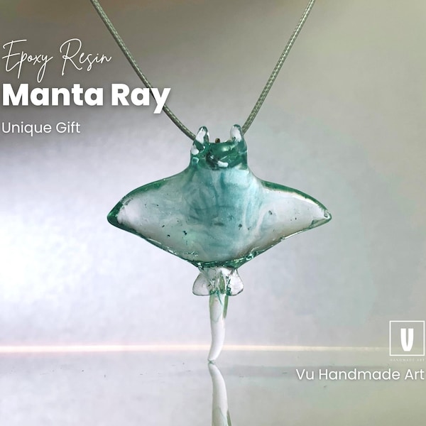Handmade Transparent Manta Ray Stingray Art | Light Sea Blue / Dark Sapphire Blue Glass Epoxy Resin Figurine Pendant Necklace