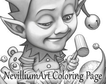 Página para colorear en escala de grises "Toy Maker" • Navidad • NevilliumArt • Descarga instantánea de archivos JPEG y PDF imprimibles