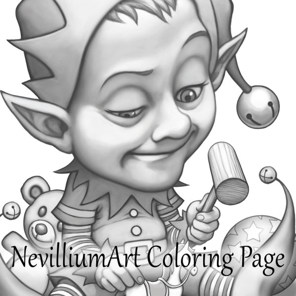 Grayscale Coloring Page "Toy Maker" • Christmas • NevilliumArt •  Instant Download Printable JPEG & PDF files