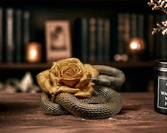 Hand Painted Snake Statue with Gold Rose, Gothic Home Decor, Dark Academia Shelf Decor, Serpent Sculpture