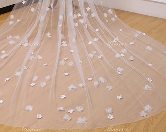 Scattered 3D silk flower Ivory veil Simple Veil with comb 1T Cathedral Wedding Veil for Bride fingertip Veil Chapel veil Custom veil
