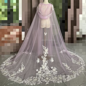 New Embroidered Lace Floral Lilac violet tulle Hooded Veil Wedding Cape Bridal Veil Cathedral Bridal Cloak Lilac tulle floral lace cape