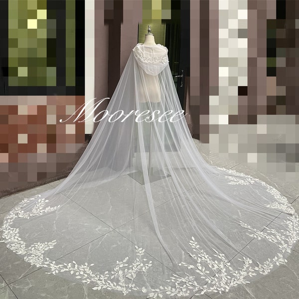 Boho Leaves Lace Hooded Veil Wedding Leaves Hooded veil Vintage Cathedral length Veil for Bride Chapel veil Custom Long Cape Veil