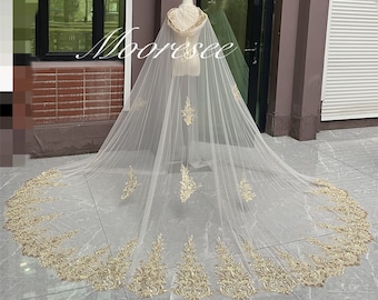 Boho Embroidered Gold Floral Lace with sequins Champagne tulle Hooded Veil Wedding Cape Bridal Veil Cathedral Bridal Cloak White/Ivory tulle