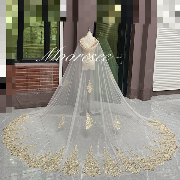 Boho Embroidered Gold Floral Lace with sequins Champagne tulle Hooded Veil Wedding Cape Bridal Veil Cathedral Bridal Cloak White/Ivory tulle
