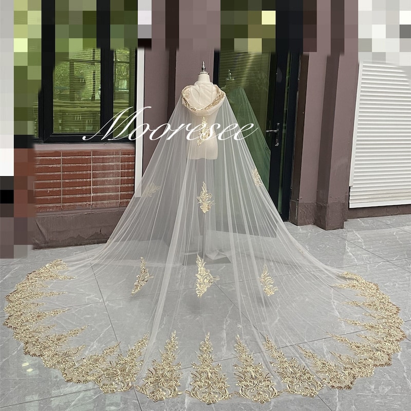 Golden Organza Hooded Cape – Shimmering Bridal Cloak with Beaded Embellished Hood