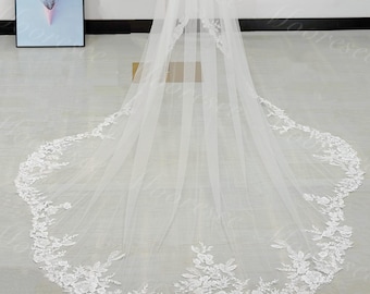Plain tulle blusher White Beaded floral lace veil Sparkle Sequins lace wedding veil with comb Church long Veil Bridal lace scallop hem veil