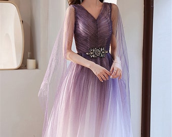 Summer Elegant V neck Popular Shiny Fairy Gradient Purple Tulle Dress New style Prom Party Dress Evening Bridesmaid Dress Ribbon Gown