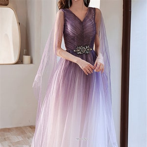 Summer Elegant V neck Popular Shiny Fairy Gradient Purple Tulle Dress New style Prom Party Dress Evening Bridesmaid Dress Ribbon Gown