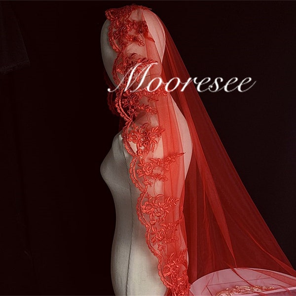 Elegant Red lace Face cover short red Veil Mantilla Wedding Veil Gorgeous Bridal red Veil Boho short Veil 1T no comb