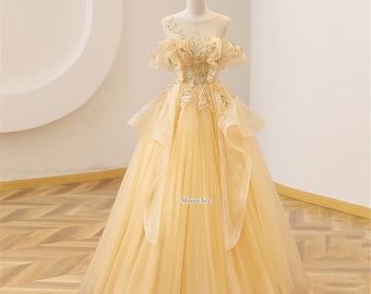 Champagne Yellow Sweetie Fairy prom Dress Popular Princess Party Birthday Dress Evening Dress Ribbon Yellow Prom Floral Applique Gown