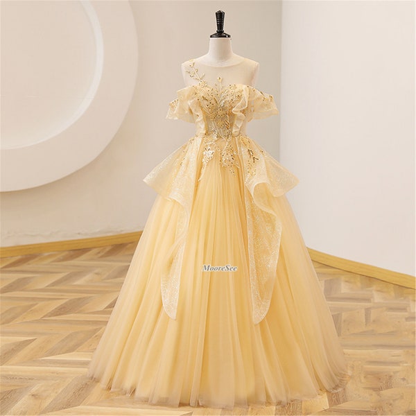 Champagne Yellow Sweetie Fairy prom Dress Popular Princess Party Birthday Dress Evening Dress Ribbon Yellow Prom Floral Applique Gown