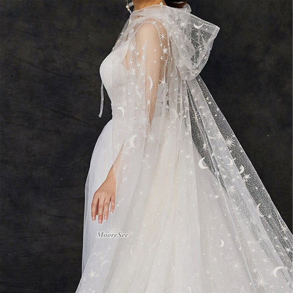 Shiny White Wedding Cape Veil for Bride Hooded Wedding Veil Moon Star Wedding Cape Shiny Cape 3.5m Long Glittering Cape