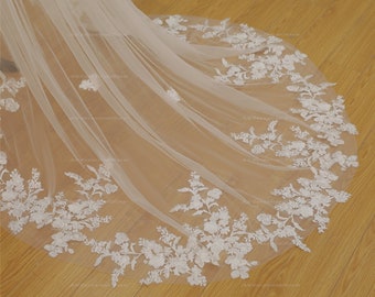 Chapel length Flower lace veil with Scattered flowers Dreamy Flower lace Veil Gorgeous Cathedral Bridal Veil Boho Photography veil Custom