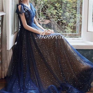 Sequins glittering moon star blue gown Prom Dress Deep v Bling Party Dress Elegant Gorgeous Birthday Evening Dress Graduation Gown