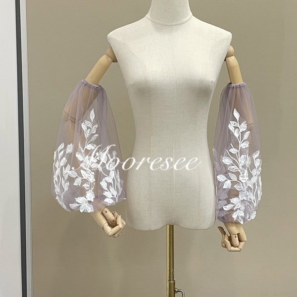 Detachable ivory leaf lace violet Sleeves for Wedding Dress Bridal Sleeves Wedding Sleeves Removable Bridal Sleeves Sheer Tulle Puff Sleeves
