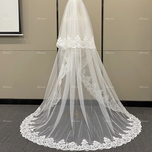Simple Lace edge wedding veil with blusher Elegant Ivory Veil Handmade Cathedral Boho Bridal Veil Chapel Dreamy lace veil 2T Custom veil