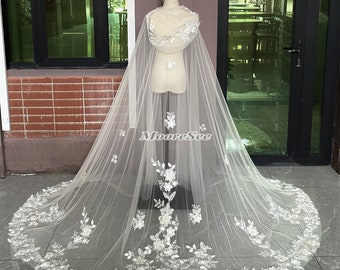New Embroidered Lace Floral Champagne tulle Hooded Veil Wedding Cape Bridal Veil Cathedral Bridal Cloak White/Ivory tulle floral lace cape
