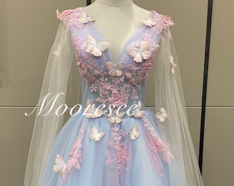 Deep V Pink 3D Butterfly Flower Blue and Purple Tull Ball Gown Sweetie Girls Party Dress Prom Birthday Dress Dreamy bridal dress senior gown