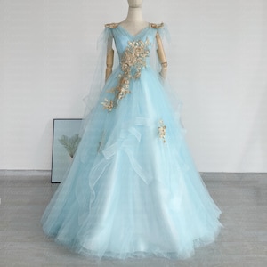 Fairy Gold floral applique Ice baby blue tulle prom dress Party dress Graduation Gown wedding Dress Gorgeous 18th Birthday dress Custom