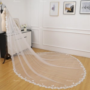 Floral Lace edge trim wedding veil Elegant lace Veil Handmade Cathedral Ivory Boho Bridal wedding Veil Chapel Dreamy veil 1T Custom veil