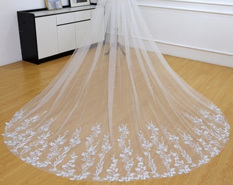 Voile de dentelle florale et feuilles vintage, voile de mariage de rêve pour l'extérieur, 1 t, avec peigne, voile de jardin cathédrale, voile de plage/d'église, voile de mariée simple