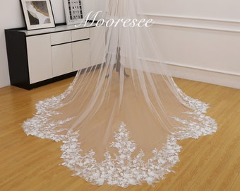 Embroidered Lace Floral Wedding Veil Scalloped Veil Bridal Veil with comb 1 Tier Cathedral Veil Long Wedding Veil Scallop Hem Lace Veil