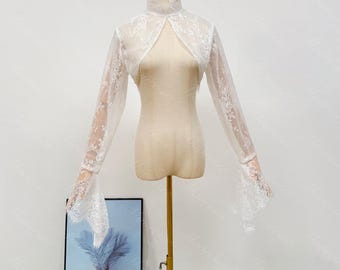 Long Bell Sleeves Soft Chantilly Lace Wedding Boleros Bridal