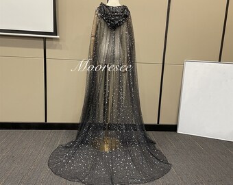 Silver star Black Wedding Cape Veil for Bride Hooded Wedding Veil Star Gothic Halloween Cape Floor length Glittering Cape