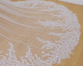 Sparkle off white tiny leaf lace veil Vine Florals bridal veil Cathedral Sequins lace wedding veil Vintage beads Veil with comb 1T lace veil