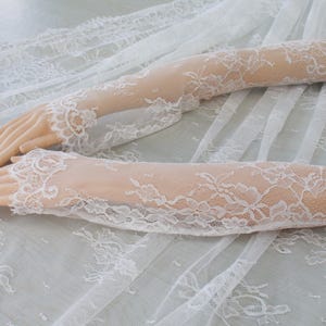 May include: Elegant white lace gloves with floral designs. The gloves are long, reaching up the arm, and have detailed lace edging. The fabric is sheer, creating a soft, romantic look. The gloves are a beautiful accessory.