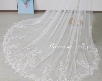 Clear Sequins Leaf Lace wedding veil Vintage Bridal Veil with comb 1T Cathedral Tiny leaf lace Veil fingertip Veil Church lace veil Custom