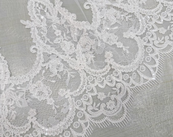 Beaded Chantilly lace veil One Tier bridal veil Fairy Heavy beading lace Wedding Veil long Veil Vintage floral lace veil Elegant lace veil