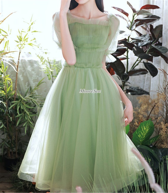 Green Tulle Lace Long Prom Dress with Corset, Green Formal Party Dress