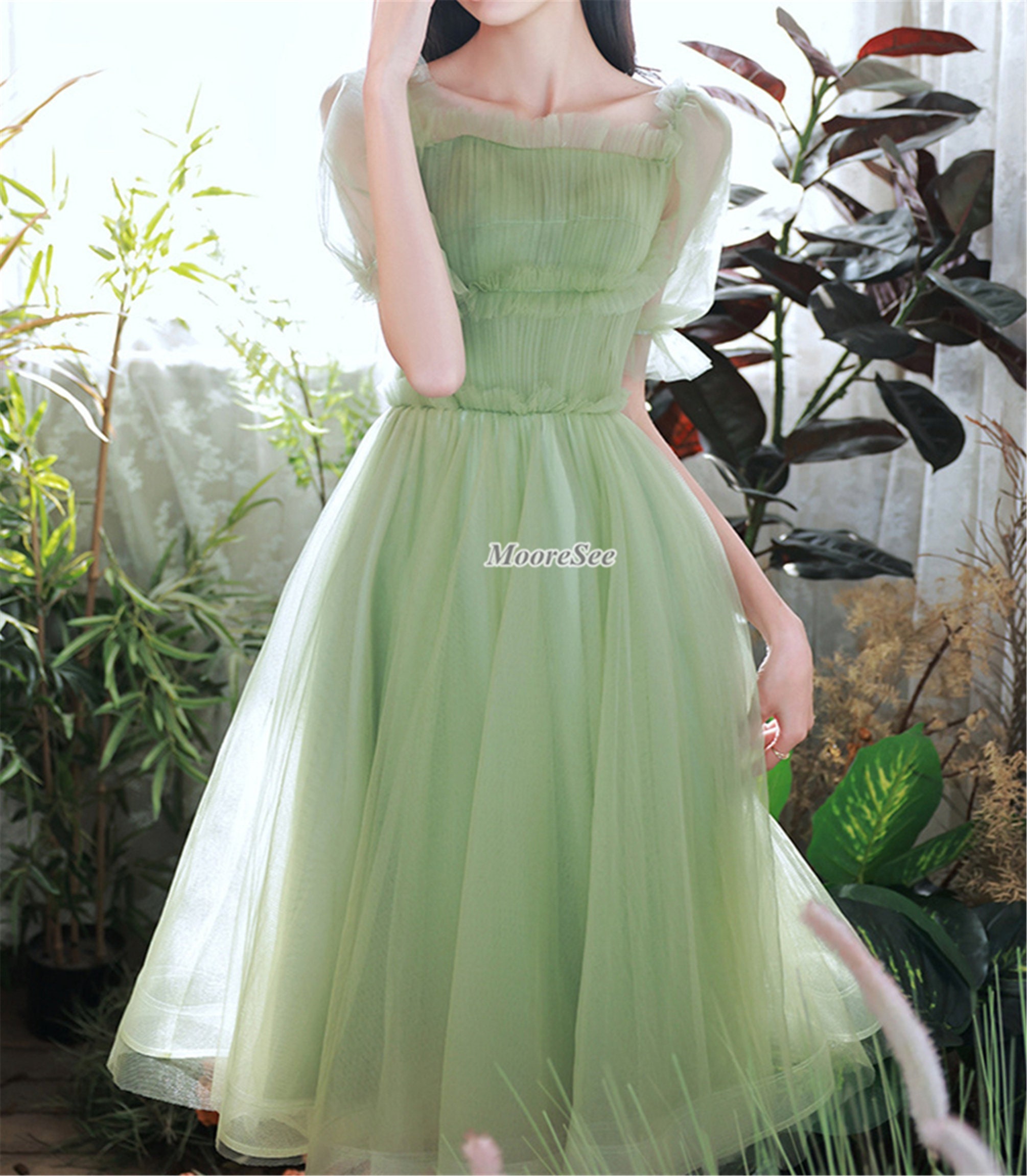 Light Green Flower Print Organza Gown With Dupatta