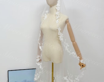 Stunning tiny lace wedding veil Church long Veil Bridal mantilla veil Sparkle White Beaded floral leaf lace veil with comb