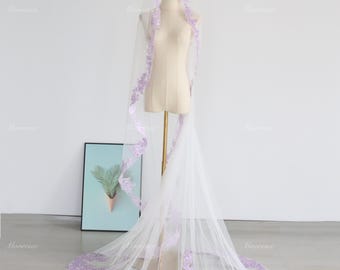 Boho Sequins Lavender lace Ivory tulle Mantilla Veil Purple lace Wedding Veil Bridal purple lace Veil 1T no comb/with comb Custom veil