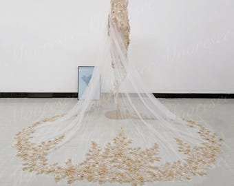 Dark Gold lace pearled floral veil,Boho mantilla Wedding Veil Vintage Veil Cathedral Long Veil floral lace edge Veil