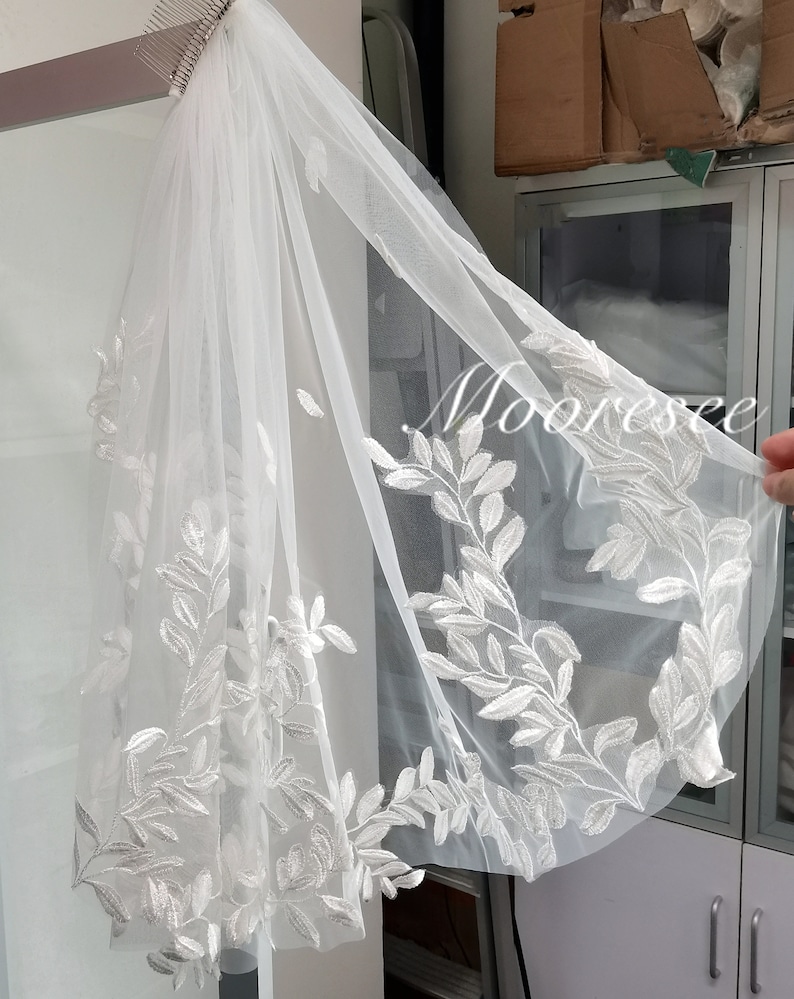 Leaf Lace wedding veil Vintage Wedding Veil with comb 1 Tier Cathedral Wedding Veil for Bride fingertip Veil Chapel veil Custom made veil image 8