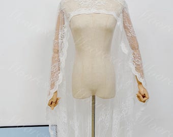 White Lace Cape Vintage French Lace High-Low cape,Floor length Soft lace Bridal cape Off white Lace cape Custom cape