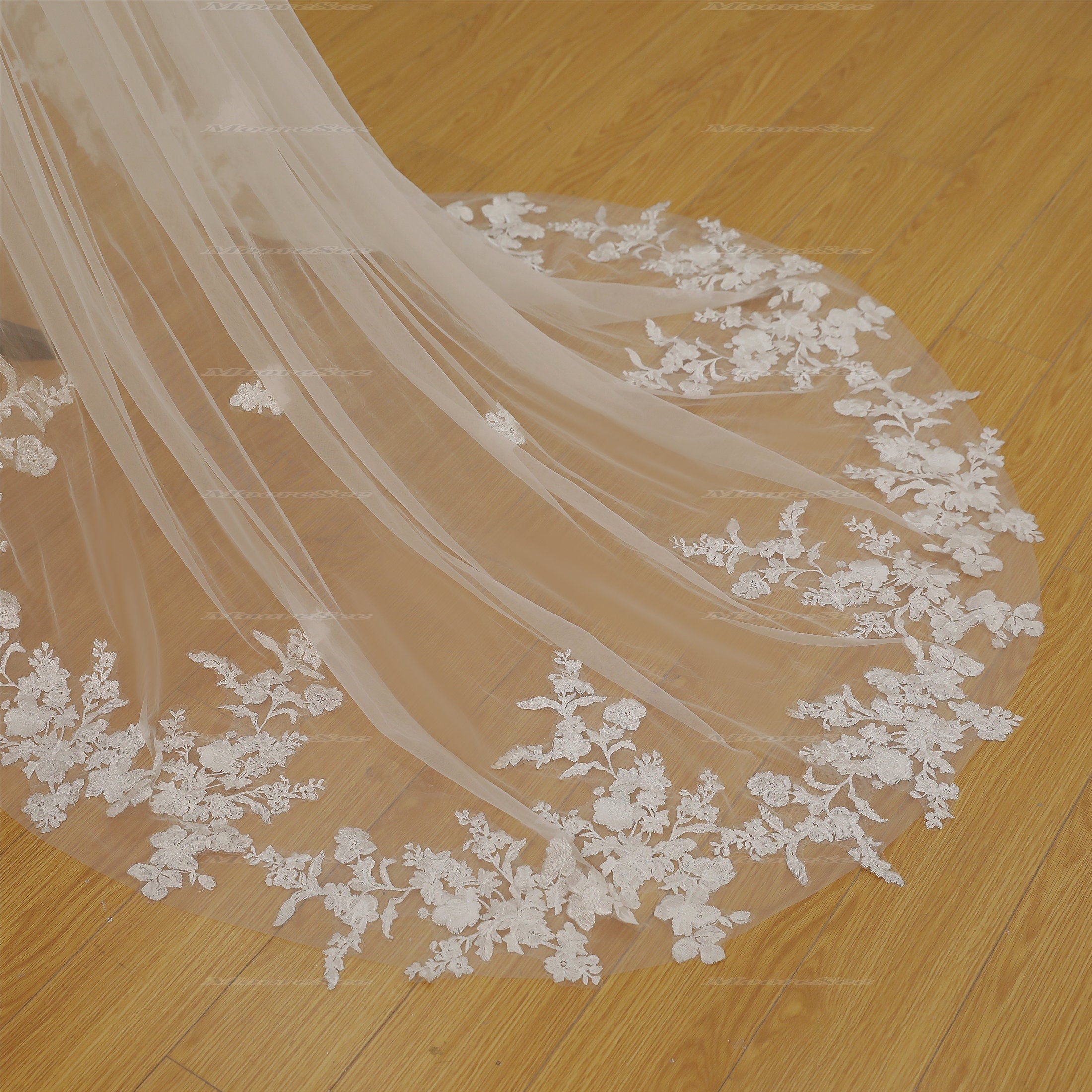 Chapel length Flower lace veil with Scattered flowers Dreamy Flower lace Veil Gorgeous Cathedral Bridal Veil Boho Photography veil Custom