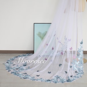 Fairy Dust blue floral lace with 3D butterfly Wedding Veil Purple/blue butterfly veil 1T Garden Lace Veil Ivory tulle Veil Custom Veil
